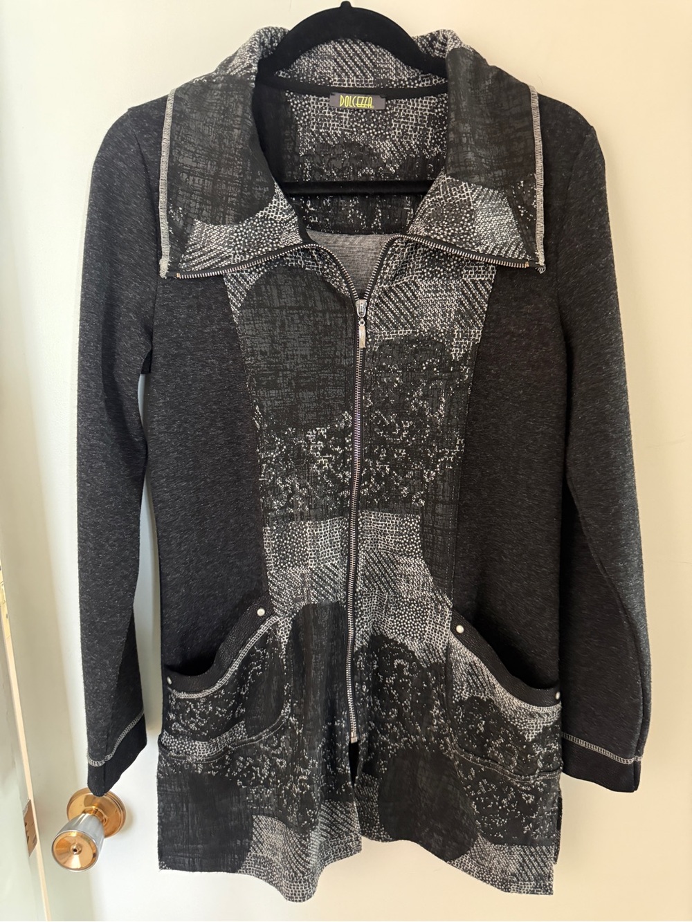 Dolcezza Black Grey Abstract Long Zip Jacket Cardigan Artsy Tunic Estimated M
